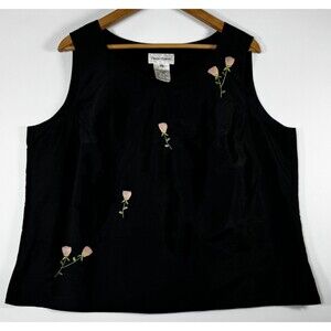 Rena Rowan Silk Blouse Women's 16W Black Pink Floral Embroidered Sleeveless Top